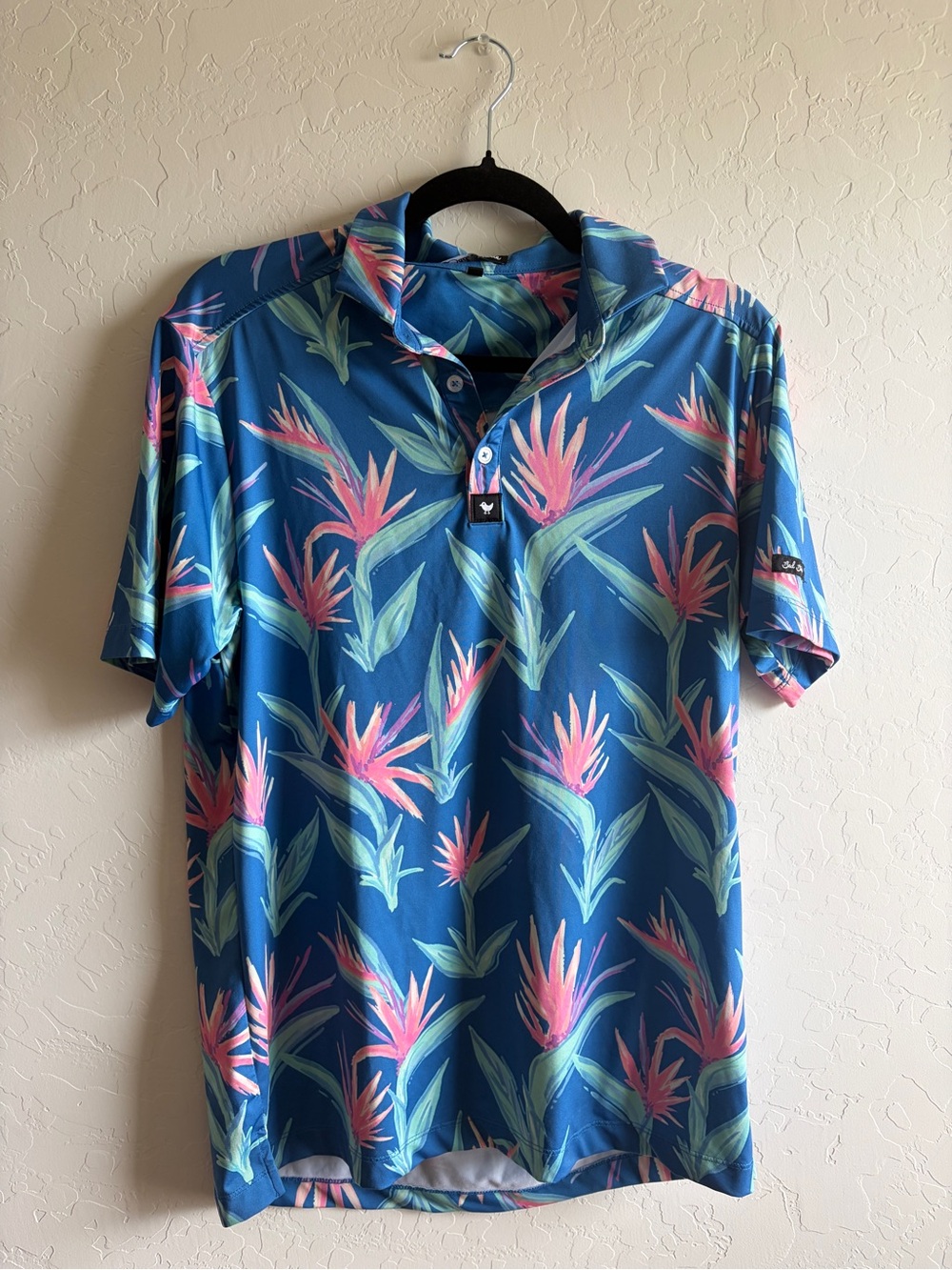 Bad Birdie Blue Tropical Floral Polo with Pink & Green Accents